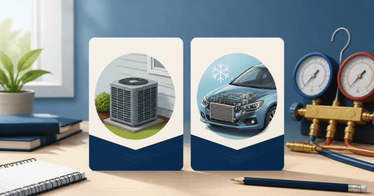 Illustration comparing stationary HVAC and motor vehicle air-conditioning certification study topics